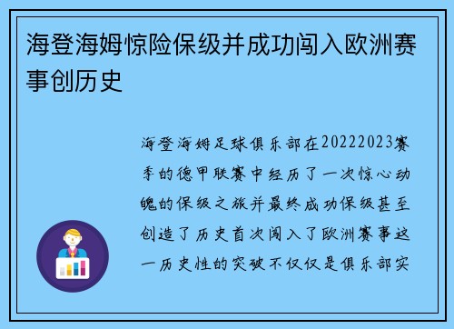 海登海姆惊险保级并成功闯入欧洲赛事创历史